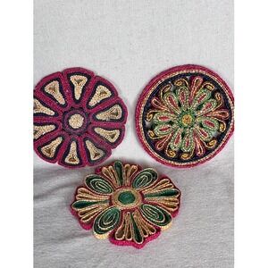 Handmade Raffia Coasters Set of 3, Drink Coasters, Colorful Floral‎ Coasters